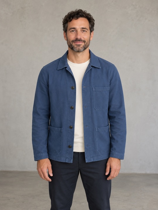 Fictional adult in a blue jacket, facing the camera against a simple wall